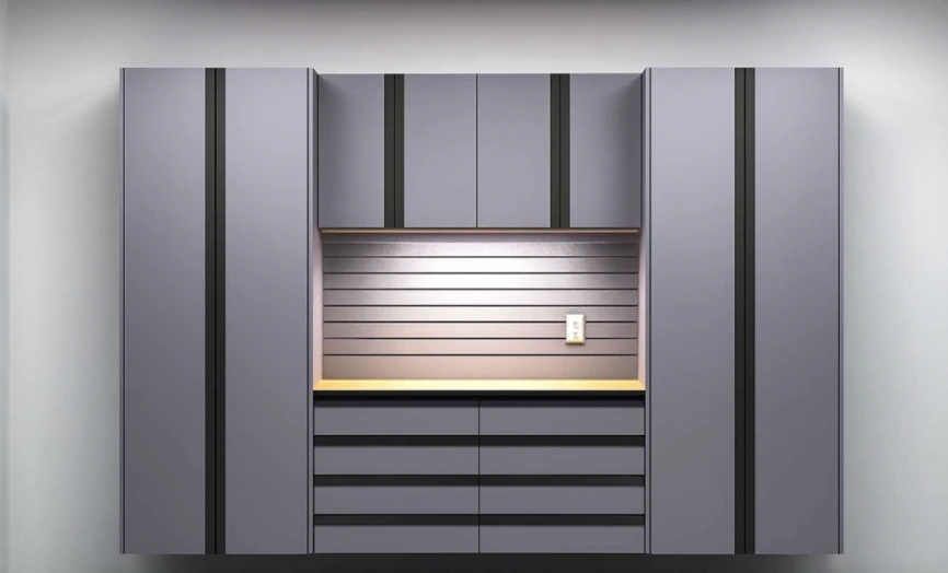 The Tradesman premium garage cabinet system with illuminated slatwall, wood work surface, and overhead + base cabinets