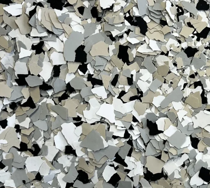 Cabin Fever — warm brown and tan vinyl chip blend for polyaspartic garage floor coatings